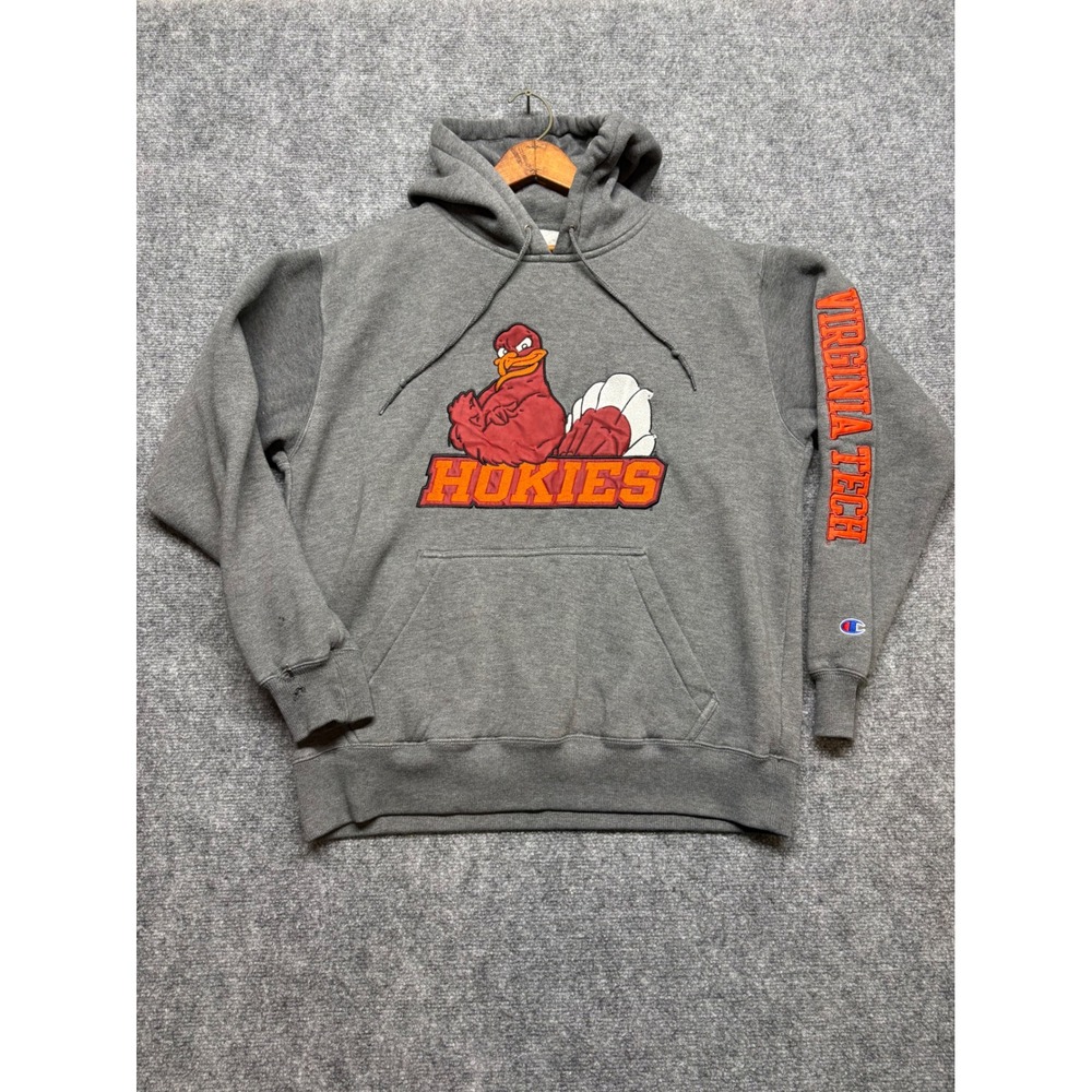Champion Virginia Tech Hokies Hoodie Gray Embroidered Mascot Sleeve Hit Mens M